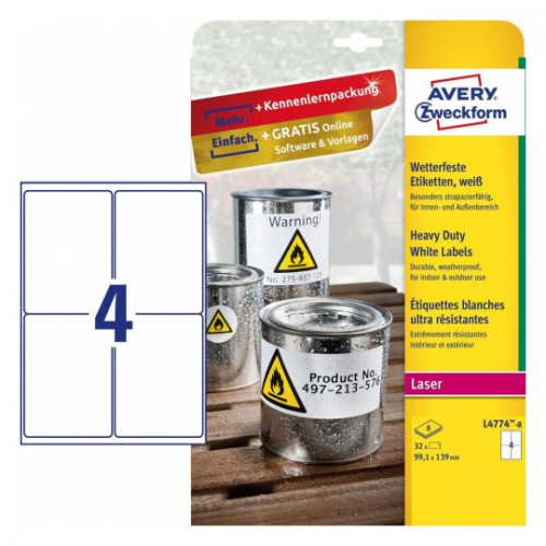 [2150957] AVERY - Caja 8 hojas con etiquetas 99,1X139 mm. blancas en poliéster para impresoras laser (Ref.L4774-8)