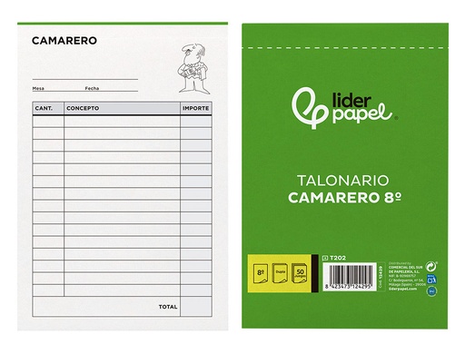 [2012429] LIDERPAPEL - TALONARIO CAMARERO 8º ORIGINAL Y COPIA (Ref.T202)