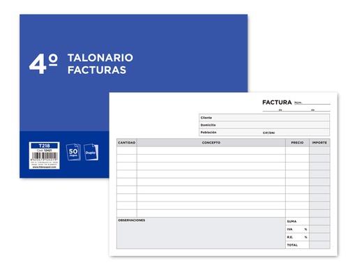[2012421] LIDERPAPEL - TALONARIO FACTURAS CUARTO ORIGINAL Y COPIA APAISADO CON I.V.A. (Ref.T218)