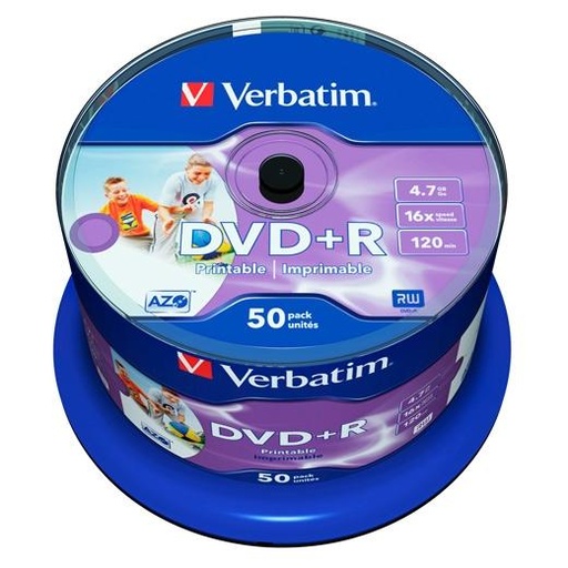 [9318965] VERBATIM - DVD+R AZO Wide bobina pack 50 ud 16x 4,7GB 120min imprimible (CANON L.P.I. 10,5€ Incluido) (Ref.43512)