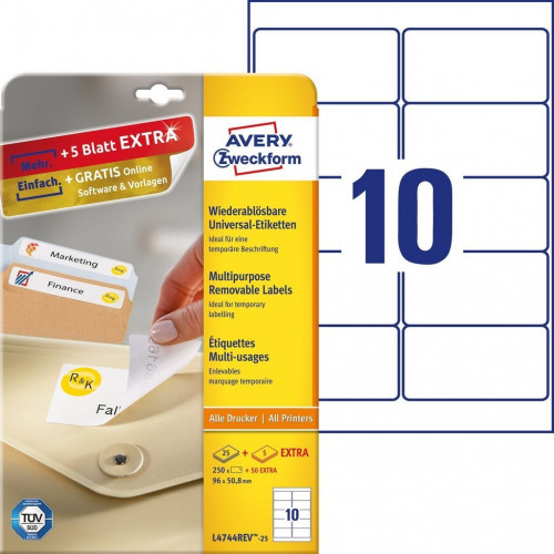 [1775152] AVERY - Etiquetas removibles Caja 25 hojas 250 ud 96x50,8 Blancas (Ref.L4744REV-25)