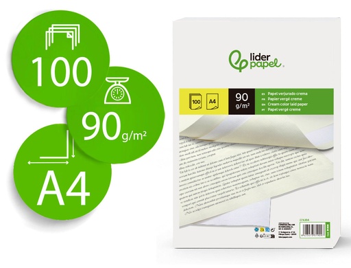 [2031909] LIDERPAPEL - PAPEL VERJURADO A4 90G/M2 CREMA PAQUETE DE 100 (Ref.VJ04)