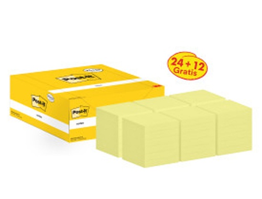 [2051903] POST-IT - BLOC DE NOTAS ADHESIVAS QUITA Y PON 76X76MM -PACK PROMOCIONAL 24+12 (Ref.FT510280249)