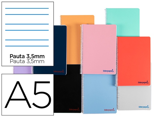 [2011434] LIDERPAPEL - Cuaderno espiral a5 wonder tapa plastico 80h 90g pauta 3,5mm con margen colores surtidos (Ref. TH67)