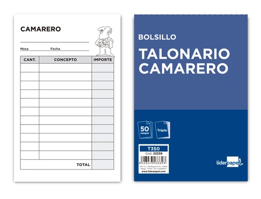 [2023339] LIDERPAPEL - TALONARIO CAMARERO BOLSILLO ORIGINAL Y 2 COPIAS (Ref.T350)