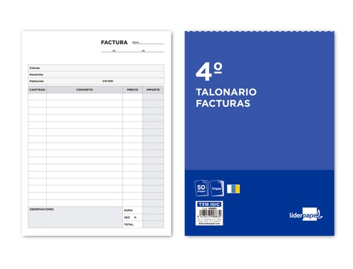 [2099883] LIDERPAPEL - TALONARIO FACTURAS CUARTO ORIGINAL Y 2 COPIAS T316 CON I.G.I.C. (Ref.T316)