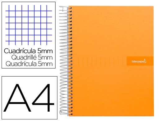 [2009972] LIDERPAPEL - Cuaderno espiral A4 micro crafty tapa forrada 120h 90 gr cuadro 5 mm 5 bandas 4 colores color naranja (Ref. BA10)