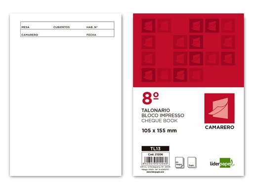 [2021206] LIDERPAPEL - TALONARIO CAMARERO 8º ORIGINAL Y COPIA (Ref.TL13)