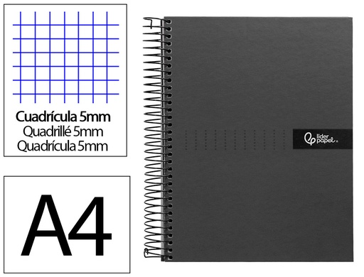 [2009977] LIDERPAPEL - Cuaderno espiral A4 micro crafty tapa forrada 120h 90 gr cuadro 5 mm 5 bandas 4 colores color negro (Ref. BA90)