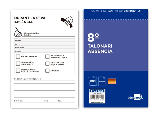 [2096334] LIDERPAPEL - TALONARIO AUSENTES 8º ORIGINAL T103 TEXTO EN CATALAN (Ref.T103-CAT)