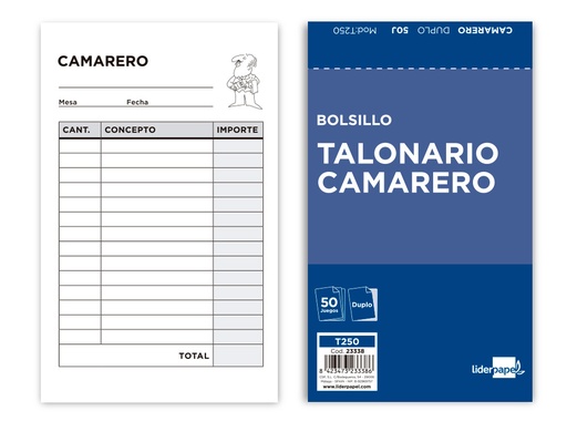 [2023338] LIDERPAPEL - TALONARIO CAMARERO BOLSILLO ORIGINAL Y COPIA (Ref.T250)