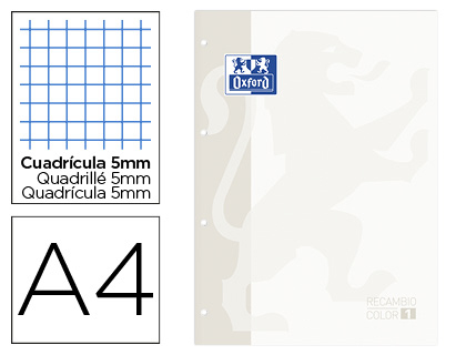 [9154786] OXFORD - Recambio color din A4 80 hojas cuadro 5 mm 4 taladros blanco (Ref. 400121559)