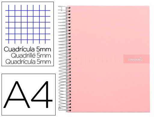 [2009980] LIDERPAPEL - Cuaderno espiral A4 micro crafty tapa forrada 120h 90 gr cuadro 5 mm 5 bandas 4 colores color rosa (Ref. BA93)
