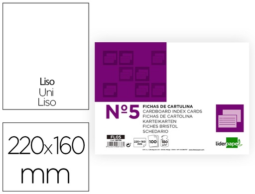 [2008736] LIDERPAPEL - FICHA LISA Nº5 160X220MM PAQUETE DE 100 180G (Ref.FL05)