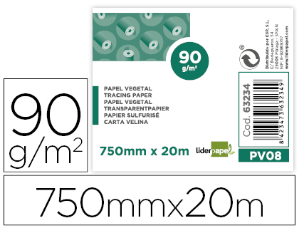 [2063234] LIDERPAPEL - PAPEL DIBUJO 750MMX20M 90G/M2 VEGETAL ROLLO (Ref.PV08)