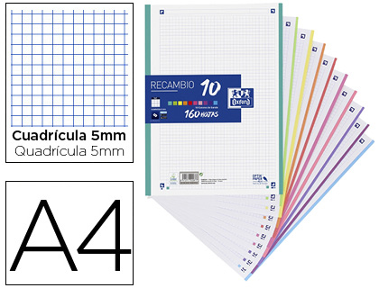 [9152541] OXFORD - RECAMBIO COLOR DIN A4 160 HOJAS 90 GR OPTIK PAPER CUADRO 5 MM 4 TALADROS BANDA 10 COLORES (Ref.400106627)