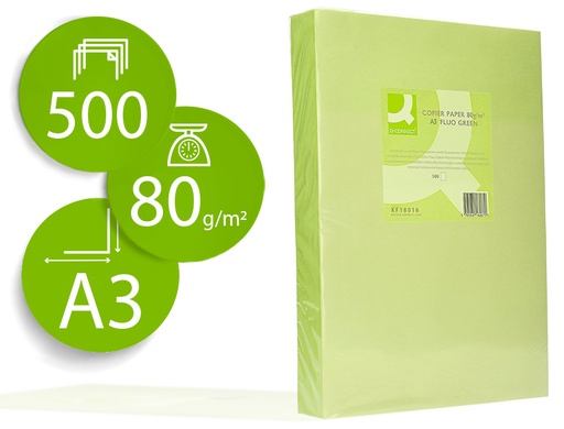 [2072203] Q-CONNECT - PAPEL COLOR DIN A3 80GR VERDE NEON PAQUETE DE 500 HOJAS (Ref.KF18016)
