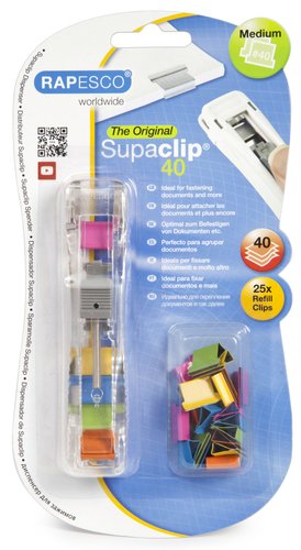 [2154318] RAPESCO - Supaclip® 40 Dispensador Translúcido con 25 Clips Multicolor. Capacidad 40 Hojas. (Ref.RC4025MC)