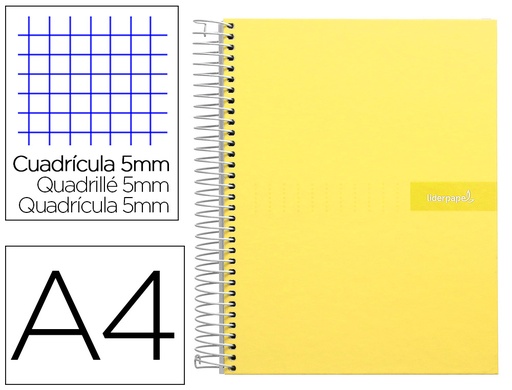 [2009976] LIDERPAPEL - Cuaderno espiral A4 micro crafty tapa forrada 120h 90gr cuadro 5mm 5 bandas 4 taladros color amarillo (Ref. BA89)