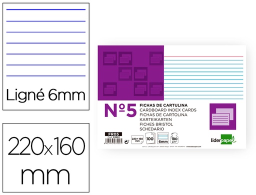 [2003522] LIDERPAPEL - FICHA RAYADA Nº5 160X220MM PAQUETE DE 100 180G (Ref.FR05)