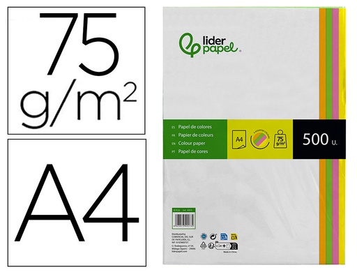 [2044572] LIDERPAPEL - PAPEL COLOR A4 75G/M2 NEON 4 COLORES SURTIDOS PAQUETE DE 500 (Ref.PC23)