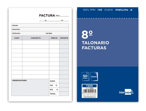 [2012413] LIDERPAPEL - TALONARIO FACTURAS 8º ORIGINAL Y COPIA CON I.V.A (Ref.T200)