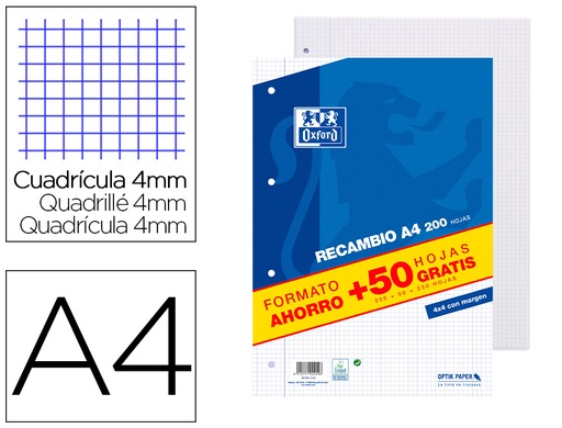 [9154780] OXFORD - Recambio din A4 200 + 50 hojas gratis cuadro 4 mm con margen (Ref. 400119437)