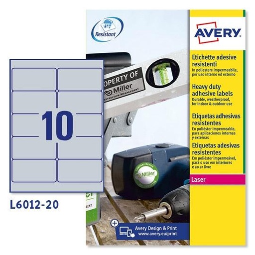 [1947897] AVERY - Caja 20 HOJAS ETIQUETAS PLATEADAS LASER DE POLIÉSTER 96x50,8 MM. (Ref.L6012-20)