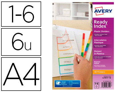 [2150472] AVERY - SEPARADOR POLIPROPILENO DIN A4 IMPRIMIBLE 6 PESTAÑAS (Ref.5258501)