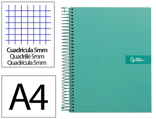 [2009978] LIDERPAPEL - Cuaderno espiral A4 micro crafty tapa forrada 120h 90gr cuadro 5mm 5 bandas 4 taladros color turquesa (Ref. BA91)