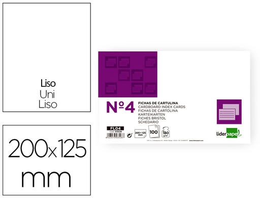 [2003528] LIDERPAPEL - FICHA LISA Nº4 125X200MM PAQUETE DE 100 180G (Ref.FL04)