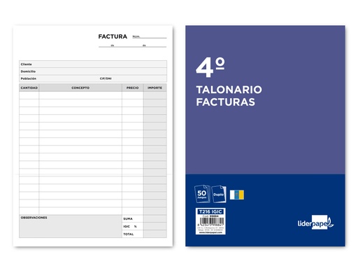 [2099884] LIDERPAPEL - TALONARIO FACTURAS CUARTO ORIGINAL Y COPIA T216 CON I.G.I.C. (Ref.T216 IGIC)