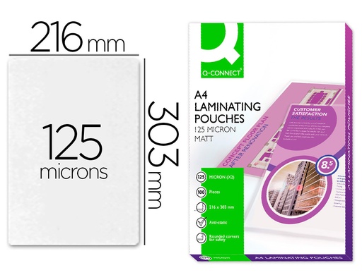 [2063427] Q-CONNECT - BOLSA DE PLASTIFICAR 303 X 216 MM 125 MC DIN A4 MATE SIN REFLEJOS CAJA DE 100 UNIDADES (Ref.KF24055)