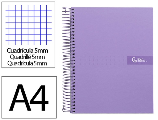 [2009979] LIDERPAPEL - Cuaderno espiral A4 micro crafty tapa forrada 120h 90gr cuadro 5mm 5 bandas 4 taladros color violeta (Ref. BA92)