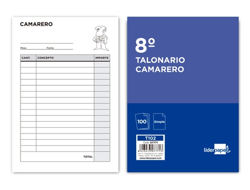 [2007771] LIDERPAPEL - TALONARIO CAMARERO OCTAVO -SIN IVA- 102 (Ref.T102)