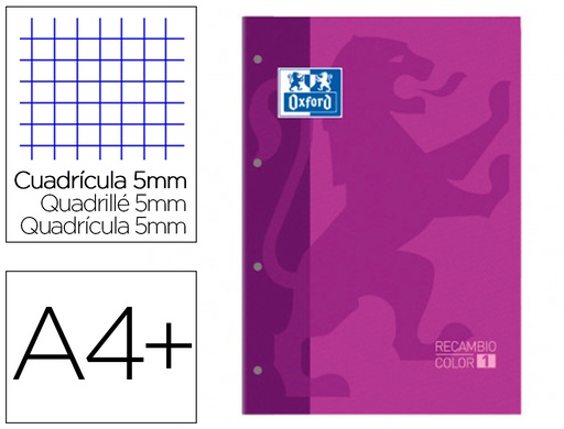 [9159587] OXFORD - Recambio color 1 din a4+ 80 hojas 90 gr cuadro 5 mm 4 taladros color morado (Ref. 400123682)