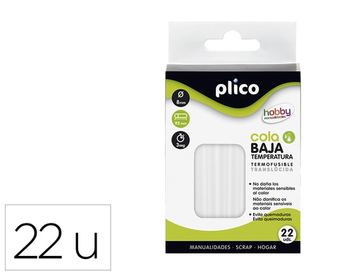 [9153625] PLICO - BARRA TERMOFUSIBLE COLA BAJA TEMPERATURA 8 MM DE DIAMETRO X 95 MM DE ALTO BLISTER DE 22 UNIDADES (Ref.1651)