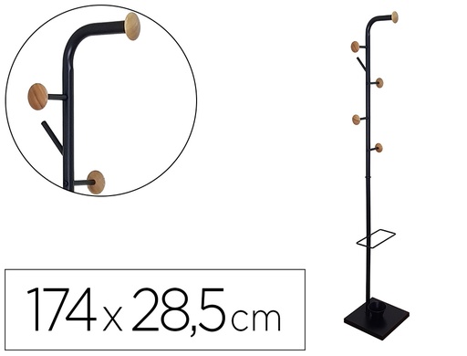 [2156786] Q-CONNECT - Perchero metalico negro con detalles de madera 6 colgadores y paraguero 174x28,5 cm (Ref. KF17288)