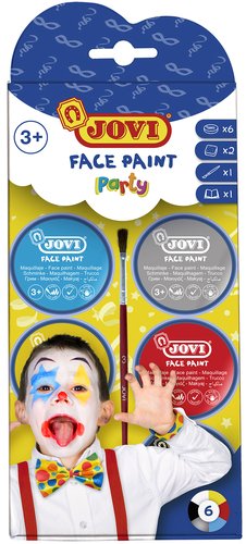 [9150131] JOVI - Crema maquillaje face paint fiesta caja de 6 botes colores surtidos 8 ml + accesorios (Ref. 174P)