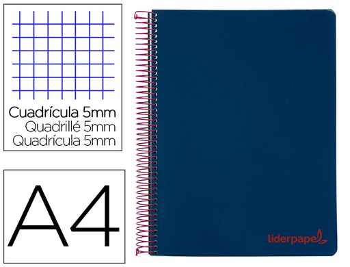 [2008944] LIDERPAPEL - Cuaderno espiral A4 micro wonder tapa plastico 120h 90 gr cuadro 5 mm 5 bandA4 taladros color azul marino (Ref. BA86)