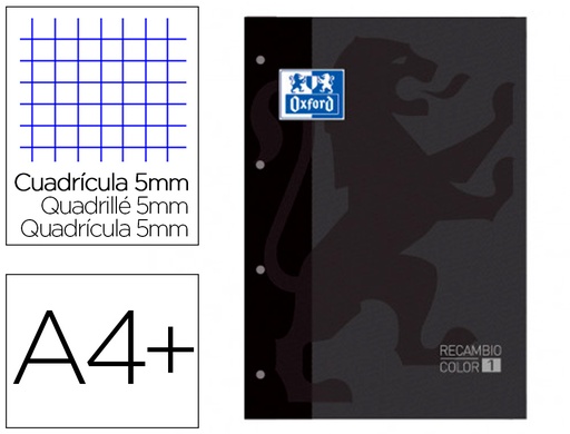 [9159588] OXFORD - Recambio color 1 din a4+ 80 hojas 90 gr cuadro 5 mm 4 taladros color negro (Ref. 400123678)