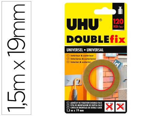 [2160443] UHU - Cinta adhesiva doublefix marron doble cara extra fuerte 1,5 mt x 19 mm (Ref. 36497)