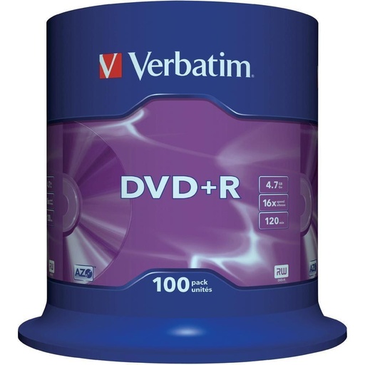 [9322455] VERBATIM - DVD+R AZO Matt Silver bobina pack 100 ud 16x 4,7GB 120min (CANON L.P.I. 2,1€ Incluido) (Ref.43551)