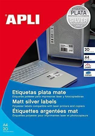 [9933489] APLI - ETIQUETAS ADH.IMPR. A4 POLYESTER MATE RESISTENTE INTEMPERIE LS-CP BLISTER 20h PLATA 45,7x21,2 mm C.ROMOS 960 uds.() (Ref.10066)