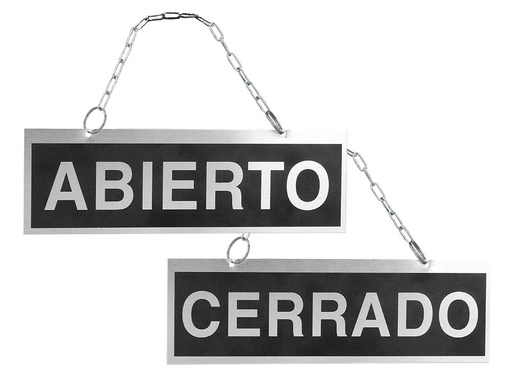 [2058786] LETRERO METALICO SERIGRAFIADO ABIERTO Y CERRADO CON CADENA Y VENTOSA PARA COLGAR DE 74X232 MM (Ref.111)