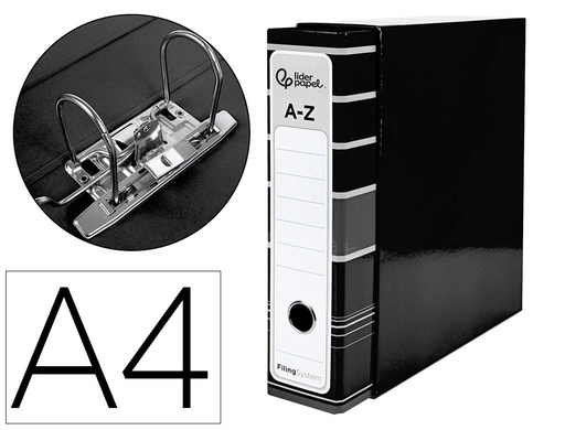 [2032073] LIDERPAPEL - ARCHIVADOR DE PALANCA A4 FILING SYSTEM FORRADO SIN RADO LOMO 80MM NEGRO CON CAJA Y COMPRESOR METALICO (Ref.AZ15)