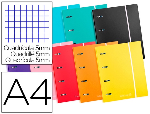 [2078771] LIDERPAPEL - CARPETA CON RECAMBIO A4 CUADRO 5 MM 120 HOJAS 80 G FORRADA 4 ANILLAS 40 MM REDONDAS (Ref.BZ06)