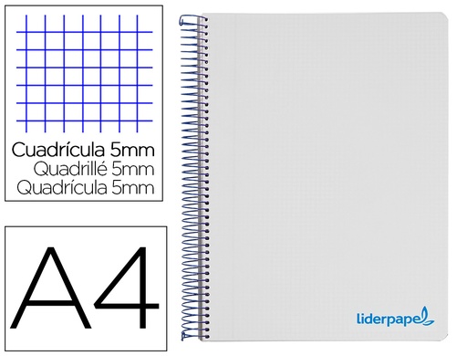 [2008945] LIDERPAPEL - Cuaderno espiral A4 micro wonder tapa plastico 120h 90 gr cuadro 5 mm 5 bandas 4 taladros color gris (Ref. BA87)