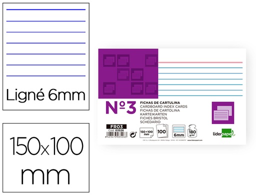 [2003526] LIDERPAPEL - FICHA RAYADA Nº3 100X150MM PAQUETE DE 100 180G (Ref.FR03)