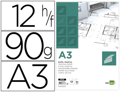 [2063238] LIDERPAPEL - PAPEL DIBUJO A3 297X420MM 90G/M2 VEGETAL SOBRE DE 12 HOJAS (Ref.PV12)